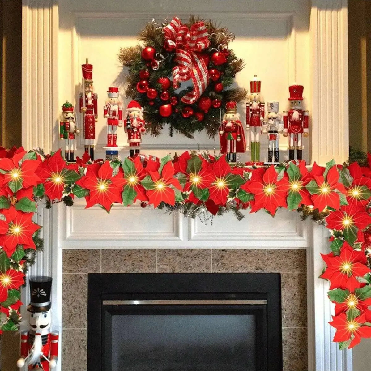 Red Poinsettia Floral LED String Lights