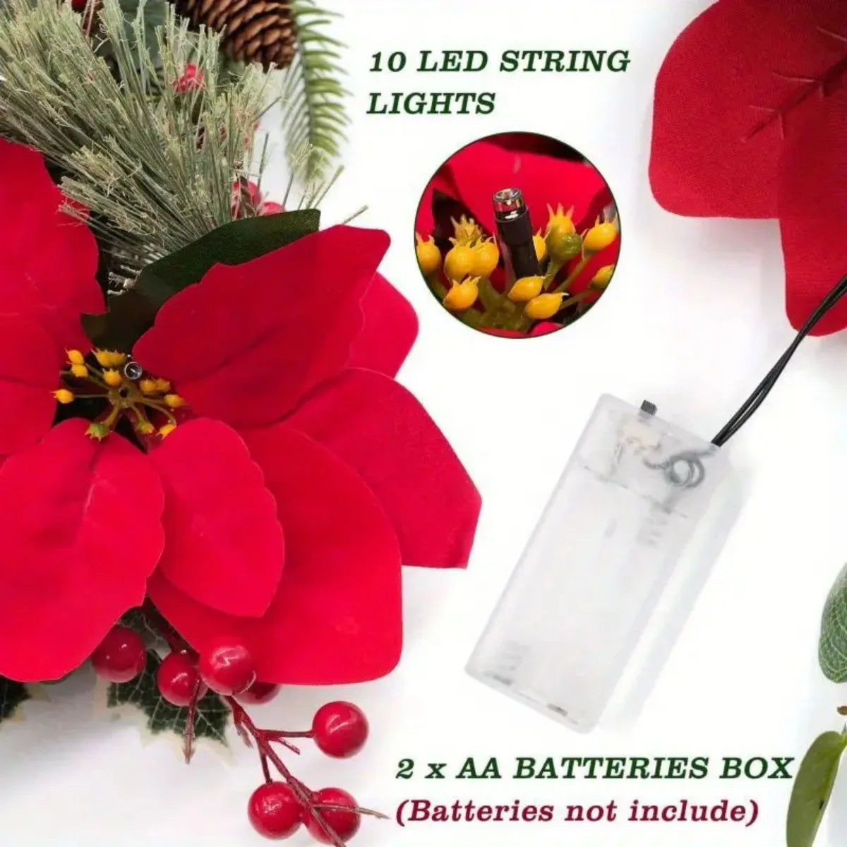 Red Poinsettia Floral LED String Lights
