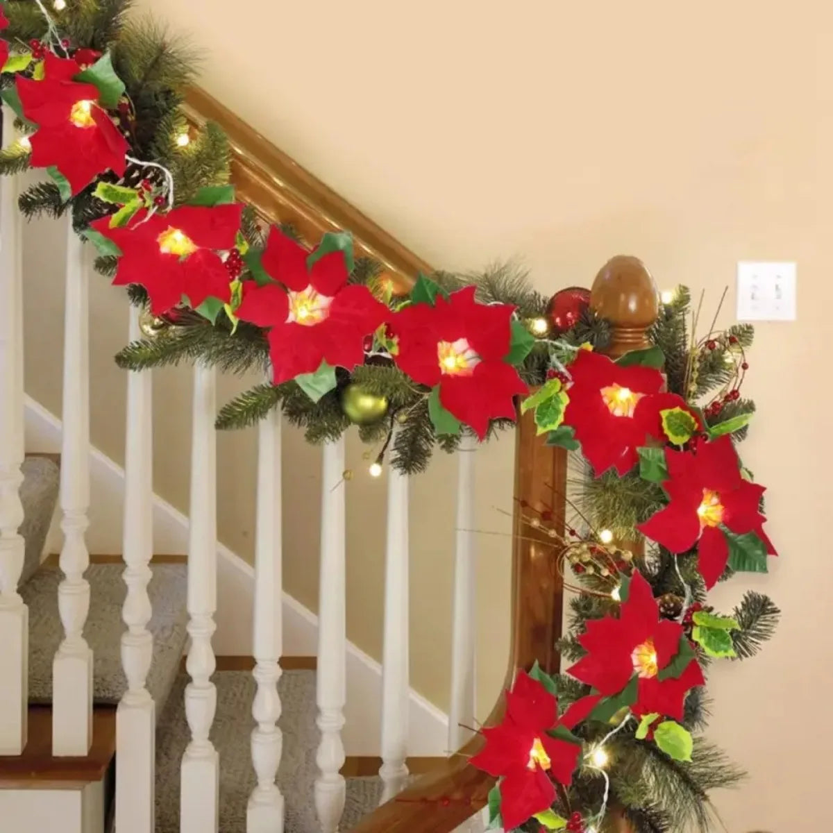 Red Poinsettia Floral LED String Lights