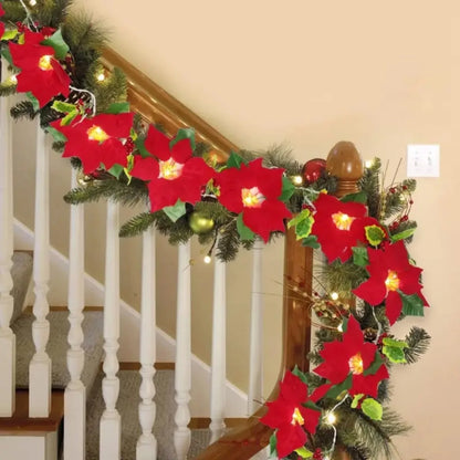 Red Poinsettia Floral LED String Lights