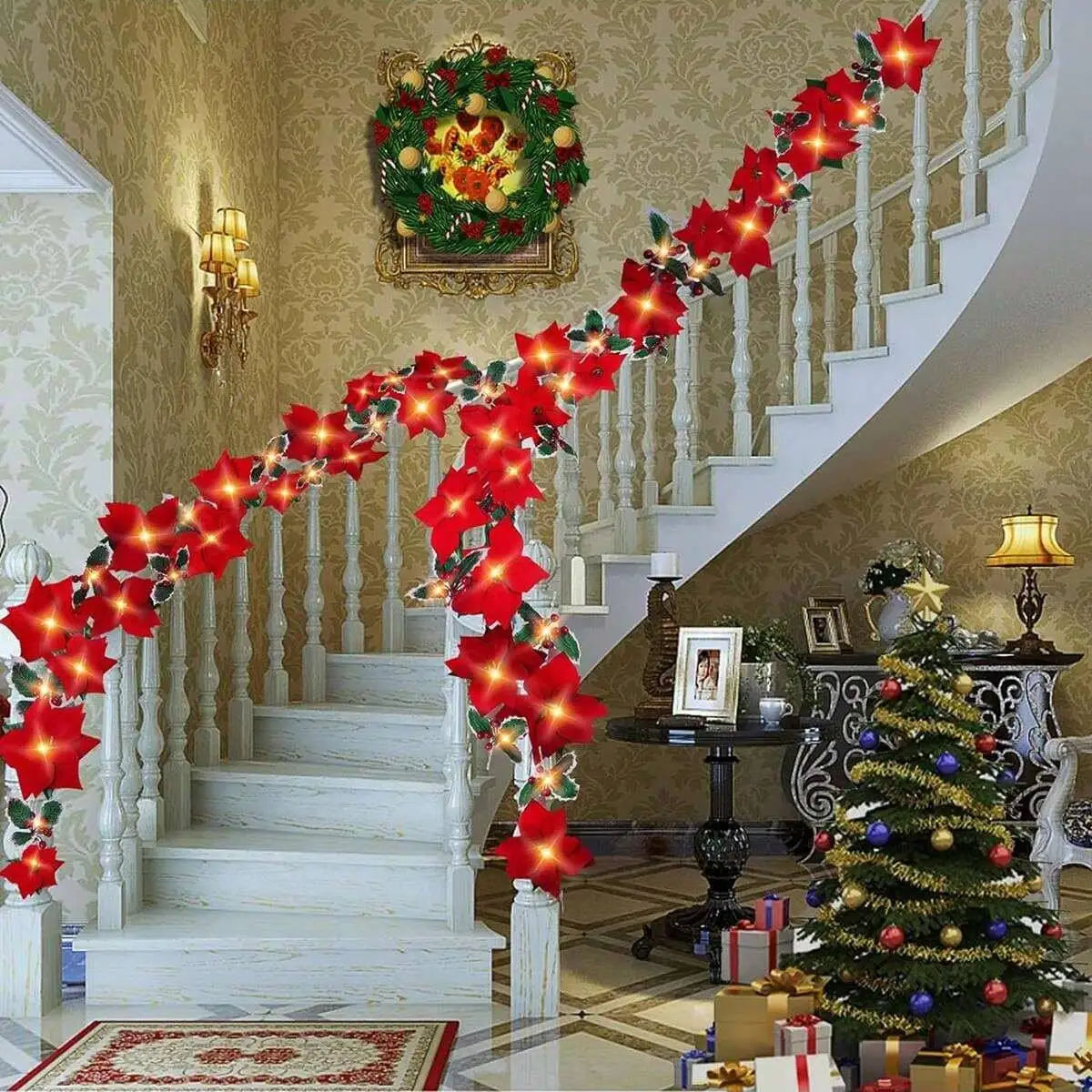 Red Poinsettia Floral LED String Lights