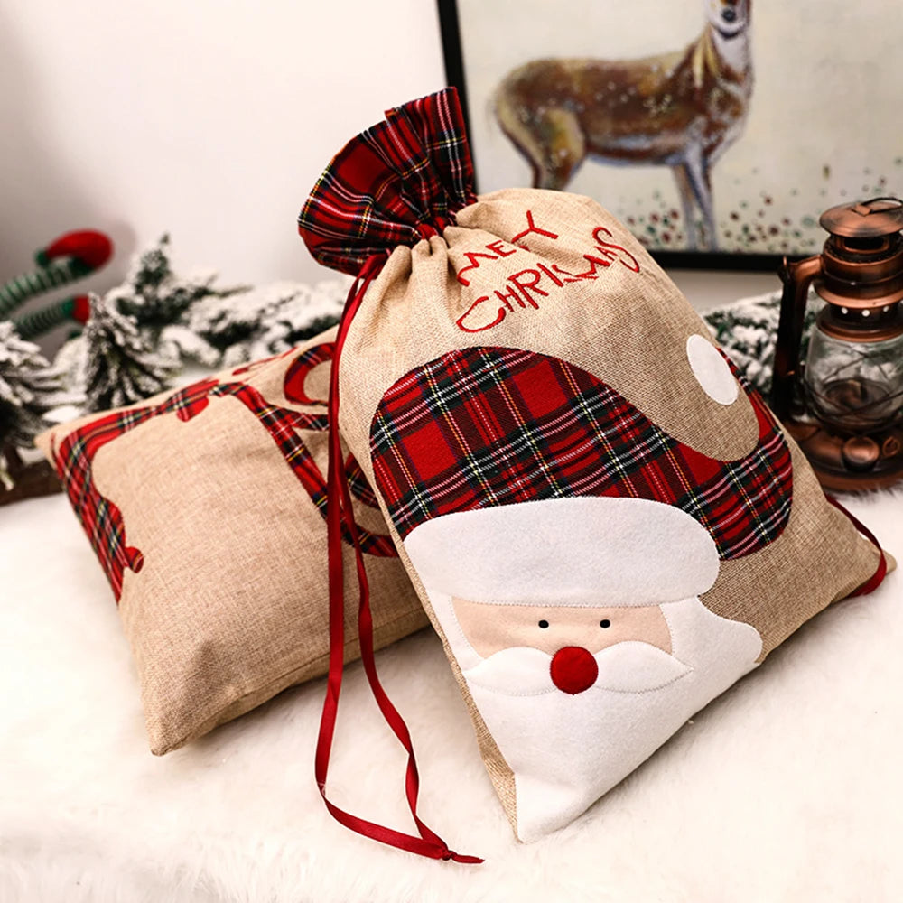 Large Linen Christmas Drawstring Gift Bag