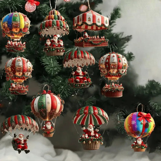 10pcs Wooden Santa Hot Air Balloon Christmas Tree